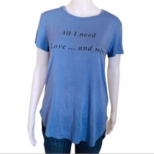 GAZE USA All You Need Is Love & Wine Print Tee/Top With Cap Sleeves Blue Small